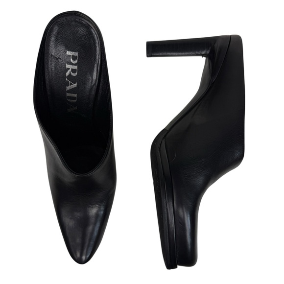 Prada Leather Heeled Black Mules